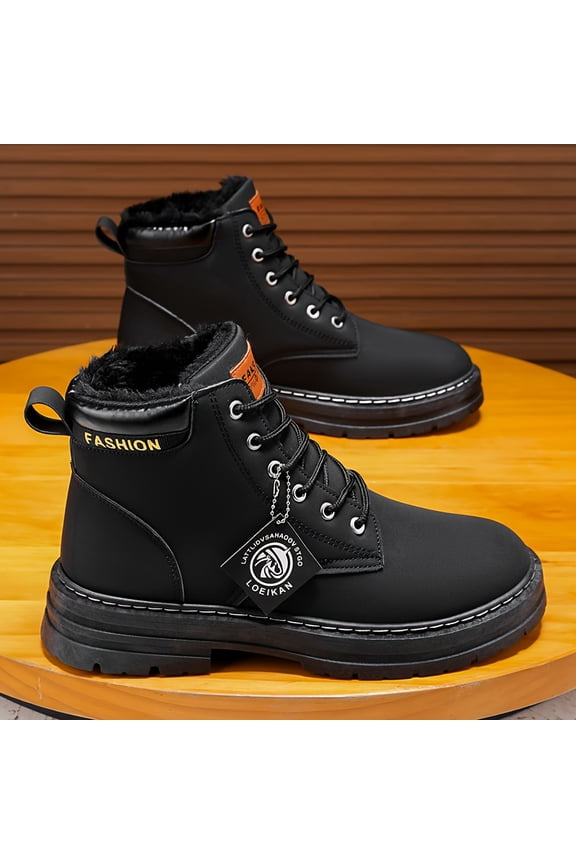 Men's Heavy-Duty Short Snow Boots with Traction Tread - PU/Fabric Upper & PVC Sole, Winter-Ready Booties for Ice, Snow, Mud - Lace-Up Round Toe Casual Boots - Cushioning, Durable Outdoor Footwear