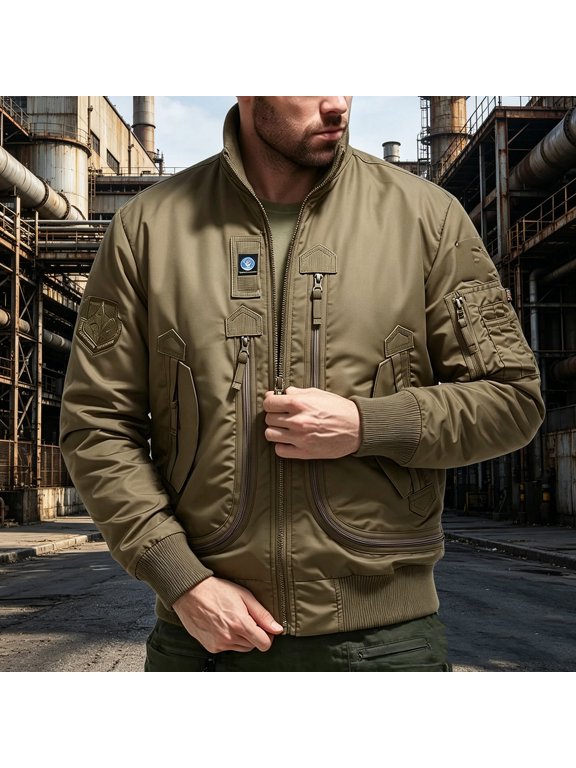 Men's Heavy Duty Stand Collar Flight Bomber Jacket Multi Zipper Pockets Ribbed Cuff Hem Windproof Warm Winter Outerwear Vintage Solid Shades, Bomber Jacket Khaki XXL