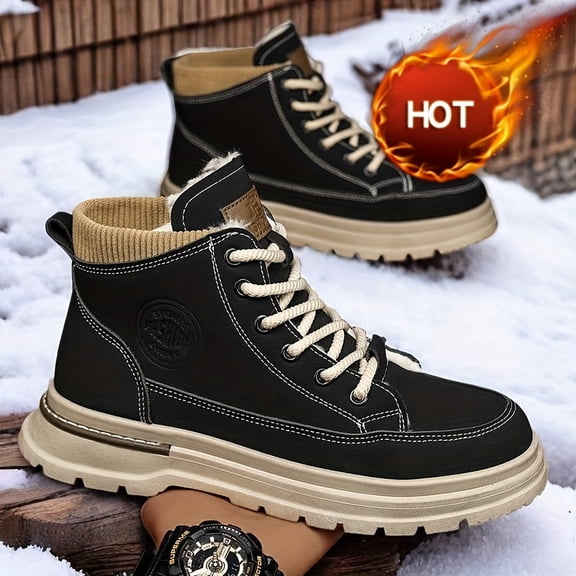 Men's Heavy-Duty Winter Ankle-High Snow Boots - PU Upper & PVC Traction Tires, Lace-Up Ankle Strap Hiking Boots for Ice, Snow, Mud - All-Terrain Outdoor Trekking, Work Boots (Brown/Black)