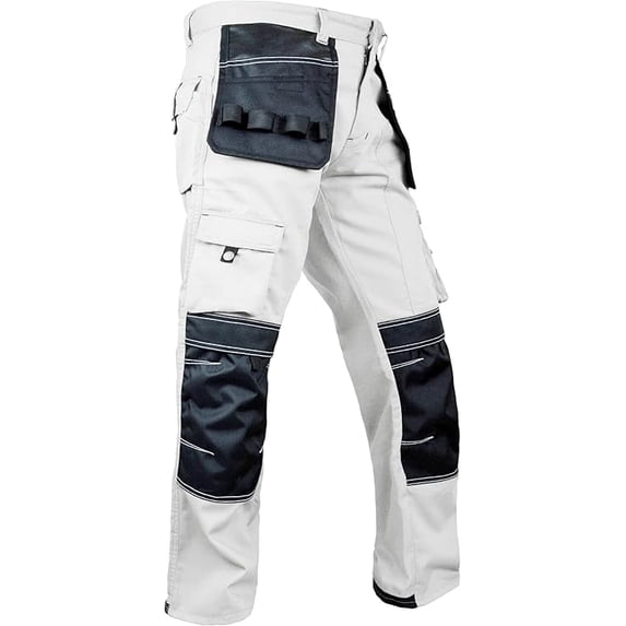 Men’s Heavy Duty Work Pants – Cordura Knee Utility Trousers for Construction with Multiple Pockets White