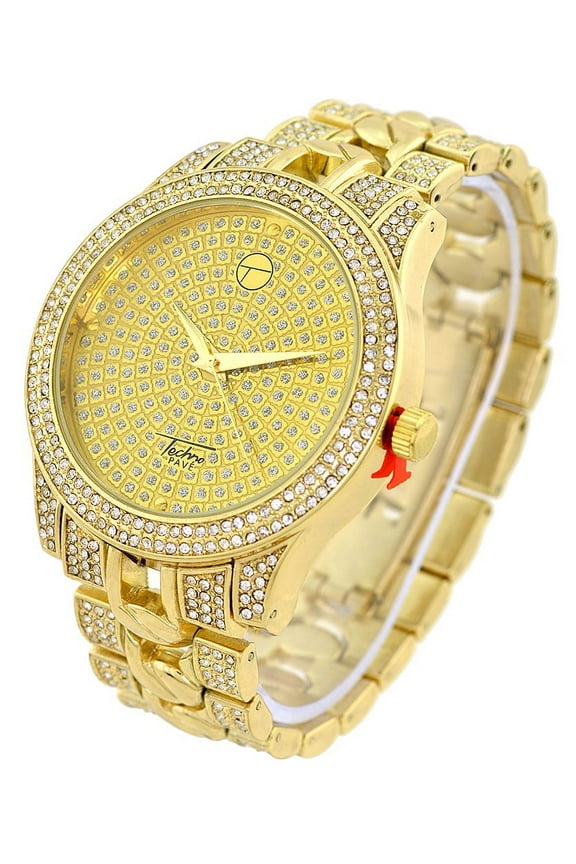 Mens Heavy Gold-Tone Iced-Out Watch 48mm Case, CZ Bezel, Greek Key Bracelet