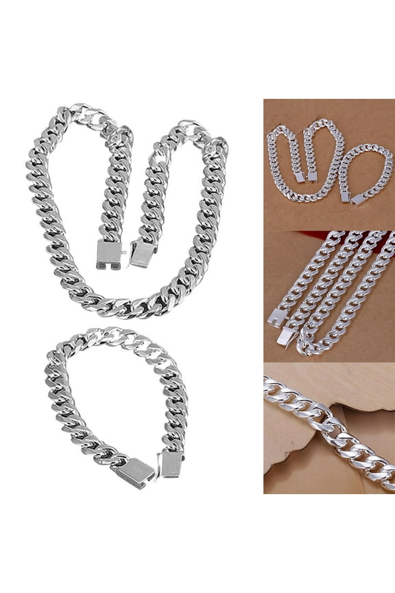 Men's Heavy Jewelry Set, Hip Hop Square Curb Link Chain Necklace & Bracelet Bundle, Streetwear Rapper Style Fashion Accessories, Gift for Him, 2-Piece Set (10MM)