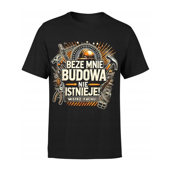 Men's Heavy Machinery Construction Worker T-Shirt - Polish Text & Excavator/Tractor Graphics - Black with Orange Trim - Casual Round Neck Tee for Engineers, Builders, Diggers