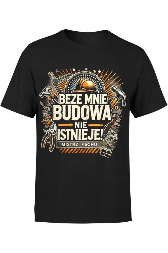 Men's Heavy Machinery Construction Worker T-Shirt - Polish Text & Excavator/Tractor Graphics - Black with Orange Trim - Casual Round Neck Tee for Engineers, Builders, Diggers