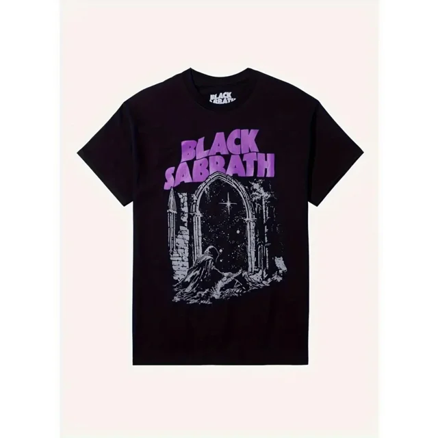 Men's Heavy Metal Graphic T-Shirt - Black Band Tee with Purple Lettering, Soft Round Neck Short Sleeve Shirt for Concerts