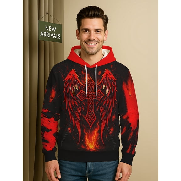 Men's Heavy Metal Punk Hoodie Sweatshirt, Red Wings and Cross Flame Skull Pattern, Suitable for Concerts, Parties, Daily Edgy Style Clothing Rock and Roll Hoodie