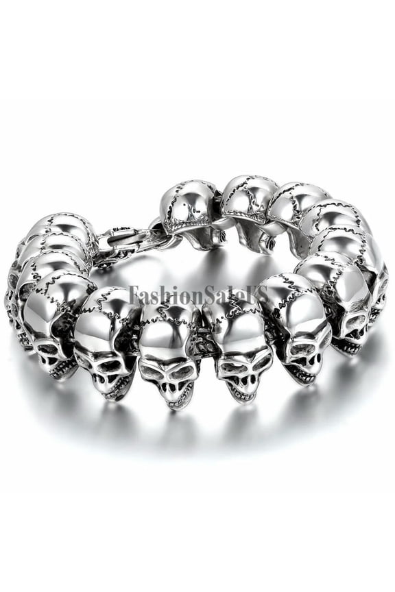 Men's Heavy Stainless Steel Skull Head Skeleton Link Gothic Biker Cuff Bracelet