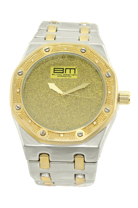 Mens Heavy Two-Tone Diamond accent Watch 48mm Octagonal Bezel, Gold Bling Dial, Business & Clubbing Style