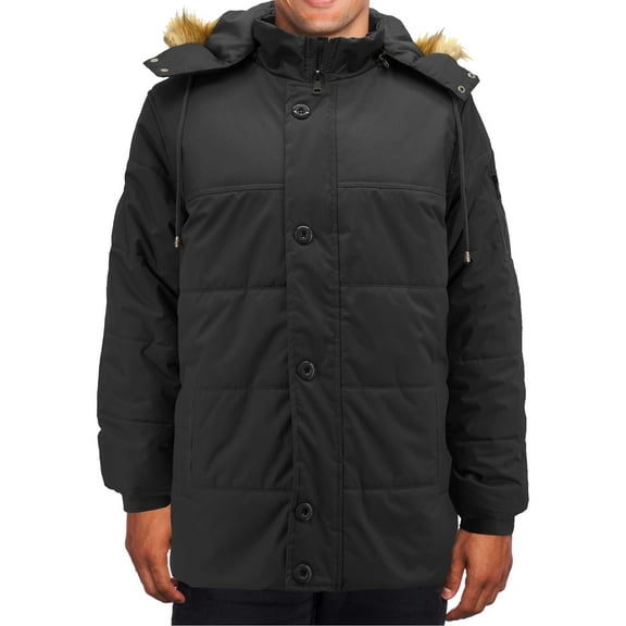 Men's Heavy Weight Faux Fur Trim Removable Hood Water Resistant Parka Coat (Black, L)