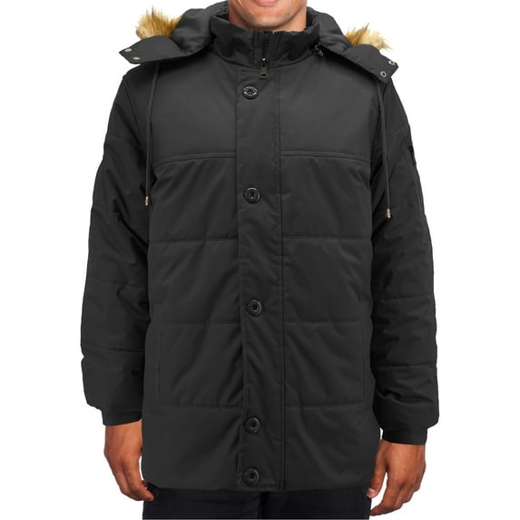 Men's Heavy Weight Faux Fur Trim Removable Hood Water Resistant Parka Coat (Black, L)