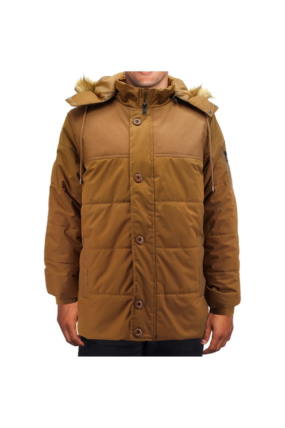Men's Heavy Weight Faux Fur Trim Removable Hood Water Resistant Parka Coat (Khaki, S)