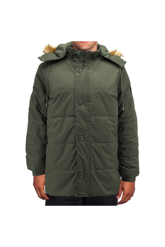 Men's Heavy Weight Faux Fur Trim Removable Hood Water Resistant Parka Coat (Olive, M)