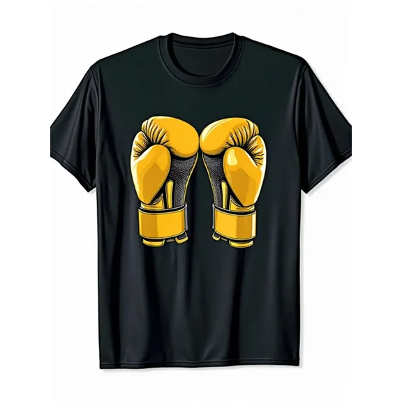 Men's Heavyweight 100% Cotton Boxing Glove Graphic T-Shirt - Black with Bold Yellow & White Print, Crew Neck Short Sleeve Gym & Casual Streetwear Tee, Machine Washable & Dry