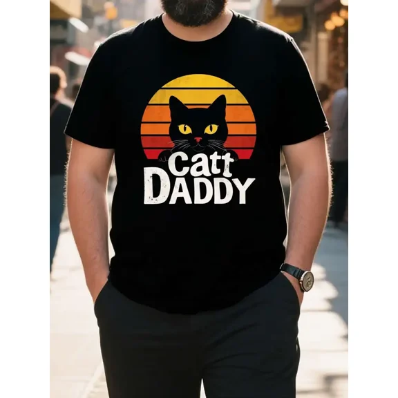 Men's Heavyweight 100% Cotton T-Shirt - Soft Breathable Crew Neck Tee with Retro Cat Daddy Graphic - Vintage Black Shirt for Cat Lovers - Plus Size Available - Ideal for