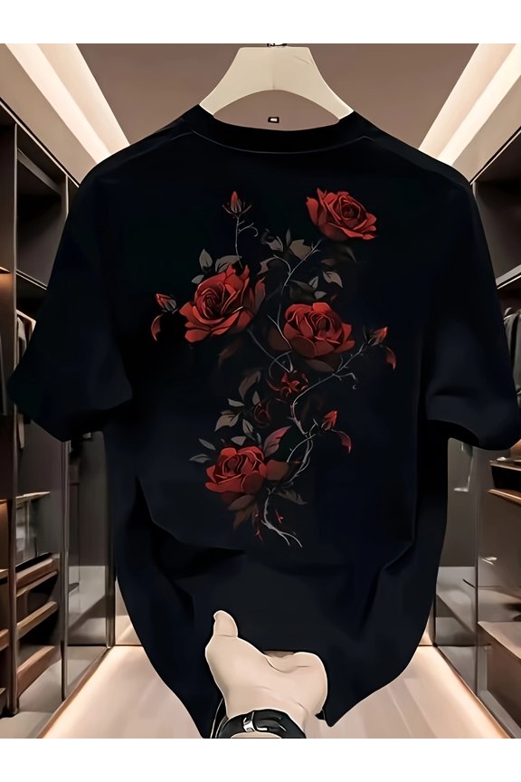 Men's Heavyweight 100% White T-Shirt with Red Rose Floral Print - Breathable Round Neck Short Sleeve Casual & Semi-Formal Shirt for Summer, Outdoor, Sports, and Casual Attire - Durable 100% Fabric,