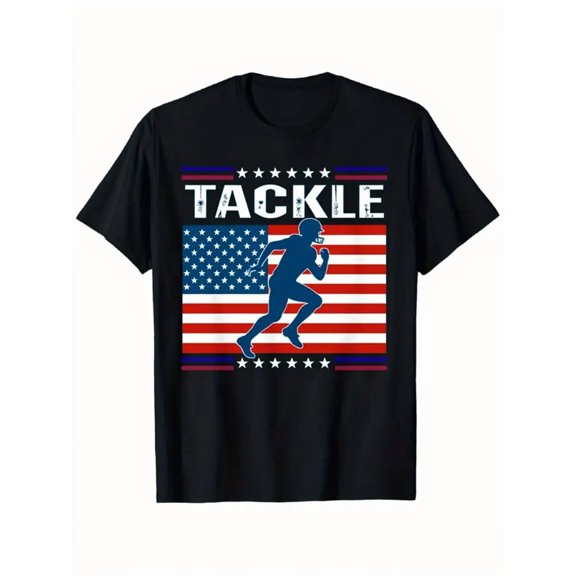 Men's Heavyweight 180gsm American Football Tackle T-Shirt - Black with Tackle Box Graphic & Football Player Design, Breathable Cotton Crew Neck Tee for Sports Fans, Casual