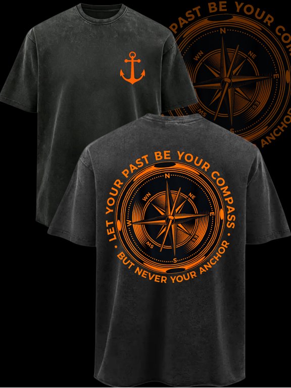 Men's Heavyweight 230g Vintage Nautical T-Shirt - Oversized Washed Cotton Tee with Compass & Anchor Print, Distressed Streetwear Style, Round Neck Short Sleeve for Urb