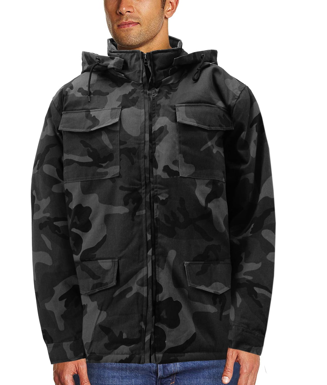 Men's Heavyweight Army Hunting Camo Removable Hood Quilted 