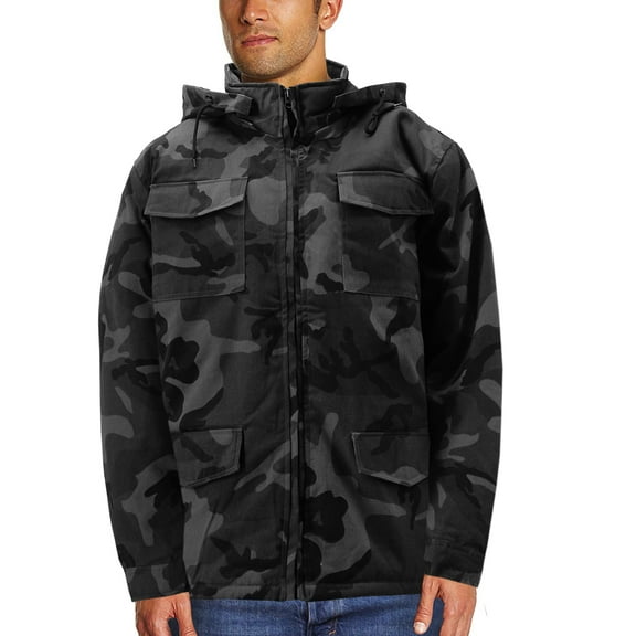 Men's Heavyweight Army Hunting Camo Removable Hood Quilted Insulated Jacket (Black Camo, L)
