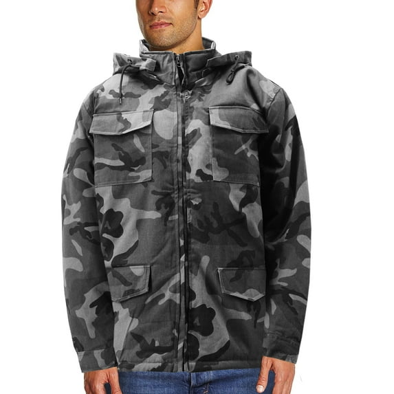 Men's Heavyweight Army Hunting Camo Removable Hood Quilted Insulated Jacket (Grey Camo, 2XL)