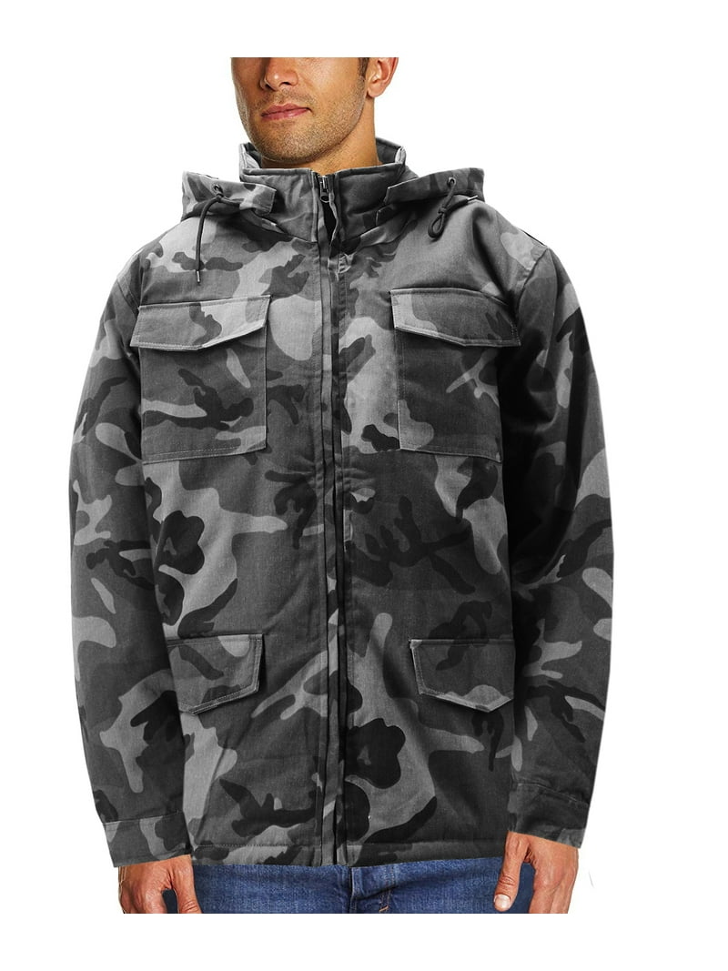 Men's Heavyweight Army Hunting Camo Removable Hood Quilted
