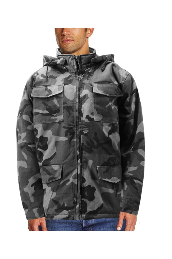 Men's Heavyweight Army Hunting Camo Removable Hood Quilted Insulated Jacket (Grey Camo, S)