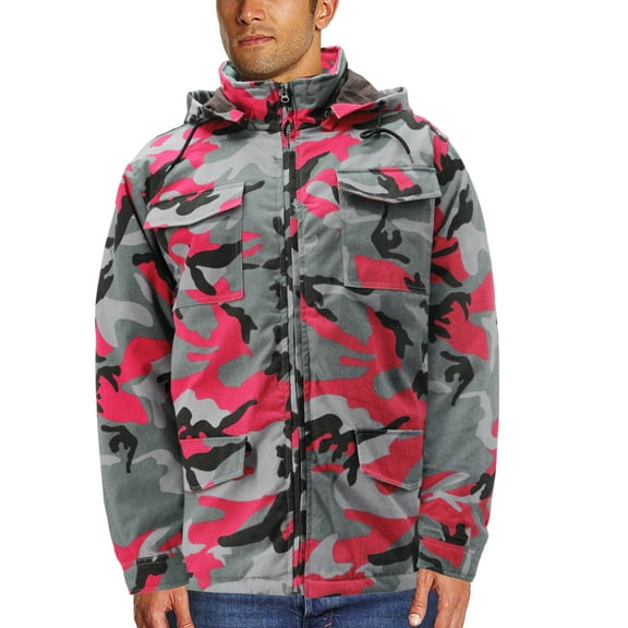 Men's Heavyweight Army Hunting Camo Removable Hood Quilted Insulated Jacket (Red/Grey Camo, 2XL)
