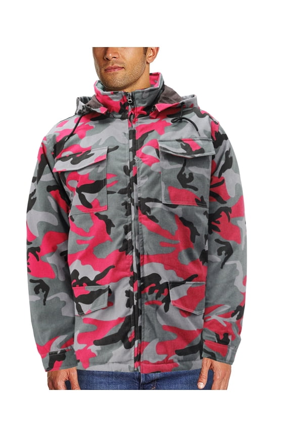 Men's Heavyweight Army Hunting Camo Removable Hood Quilted Insulated Jacket (Red/Grey Camo, XL)