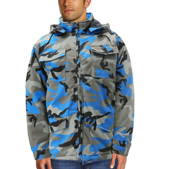 Men's Heavyweight Army Hunting Camo Removable Hood Quilted Insulated Jacket (Teal/Grey Camo, 4XL)