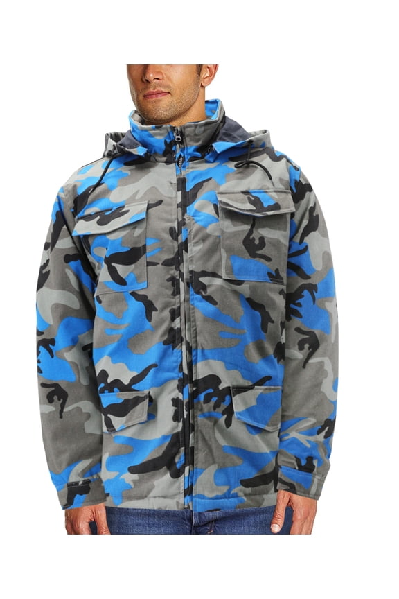 Men's Heavyweight Army Hunting Camo Removable Hood Quilted Insulated Jacket (Teal/Grey Camo, M)