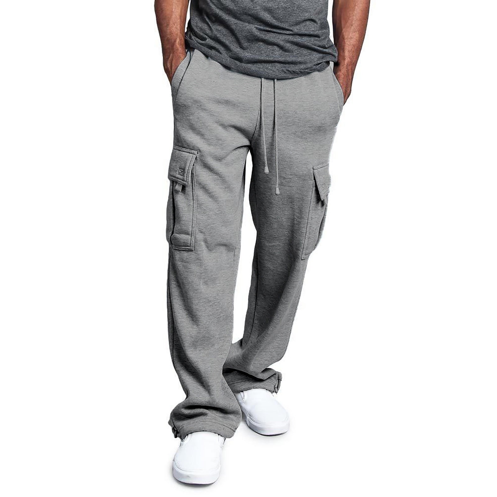 Winter thickened elastic waist men's trousers, fleece men's casual trousers,  plus size plus size multi-pocket overalls