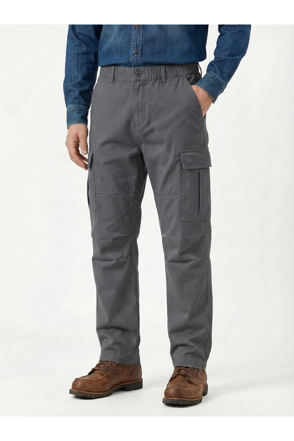 Men's Heavyweight Cargo Pants Regular Fit 100% Cotton Multi-Pocket Work Trousers with Elastic Waist