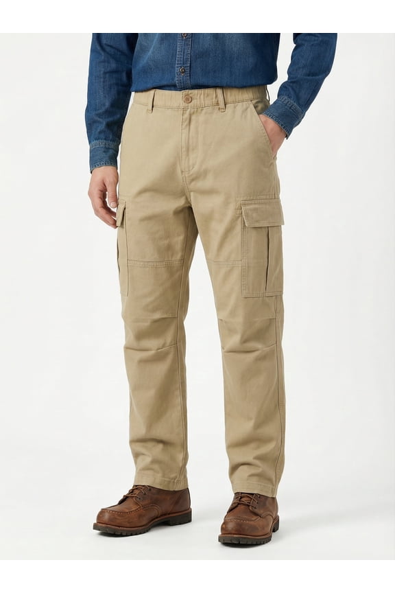 Men's Heavyweight Cargo Pants Regular Fit 100% Cotton Multi-Pocket Work Trousers with Elastic Waist