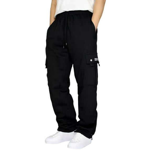 Men's Heavyweight Cargo Sweatpants Drawstring Elastic Waist Athletic Jogger Pants Baggy Workout Sport Trousers Black L