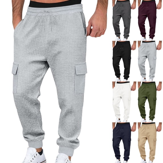 Men’s Heavyweight Cargo Sweatpants Elastic Waist Baggy Plaid Texture Jogger Trousers Fall Winter