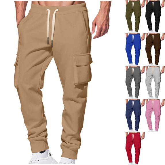 Men's Heavyweight Cargo Sweatpants Winter Warm Tapered Joggers with Flap Pockets Drawstring Waist Active Bottoms for Lounge Everyday Fall