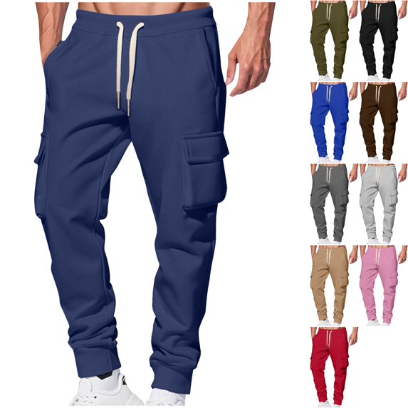 Men's Heavyweight Cargo Sweatpants Winter Warm Tapered Joggers with Flap Pockets Drawstring Waist Active Bottoms for Lounge Everyday Fall
