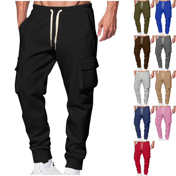 Men's Heavyweight Cargo Sweatpants Winter Warm Tapered Joggers with Flap Pockets Drawstring Waist Active Bottoms for Lounge Everyday Fall