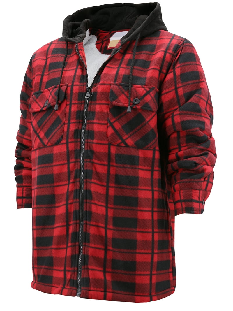 Men's Heavyweight Flannel Fleece Lined Plaid Sherpa Hoodie Jacket