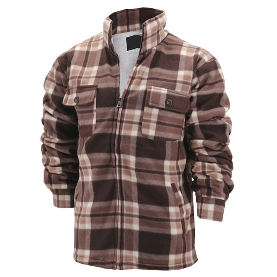 Men's Heavyweight Flannel Fleece Lined Plaid Sherpa Hoodie Jacket (MFJ116 Brown (No Hood), 2XL)