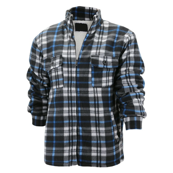 Men's Heavyweight Flannel Fleece Lined Plaid Sherpa Hoodie Jacket (MFJ116 Grey/Blue (No Hood), 5XL)