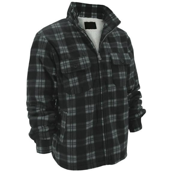 Men's Heavyweight Flannel Fleece Lined Plaid Sherpa Hoodie Jacket (MFJ116X Grey (No Hood), M)