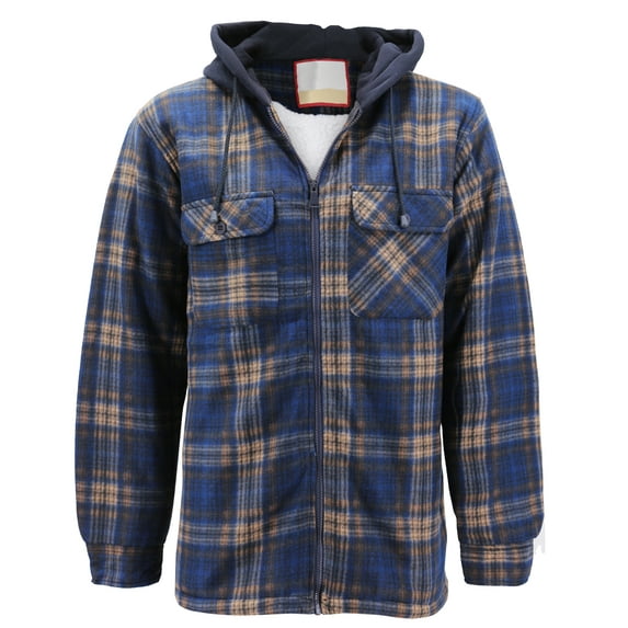 Men's Heavyweight Flannel Zip Up Fleece Lined Plaid Sherpa Hoodie Jacket (555R - Navy/Beige, M)