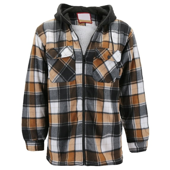 Men's Heavyweight Flannel Zip Up Fleece Lined Plaid Sherpa Hoodie Jacket (603R - Brown/Black/Grey, M)