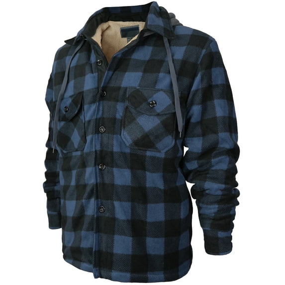 Men's Heavyweight Flannel Zip Up Fleece Lined Plaid Sherpa Hoodie Jacket (#802 Blue Grey, 2XL)