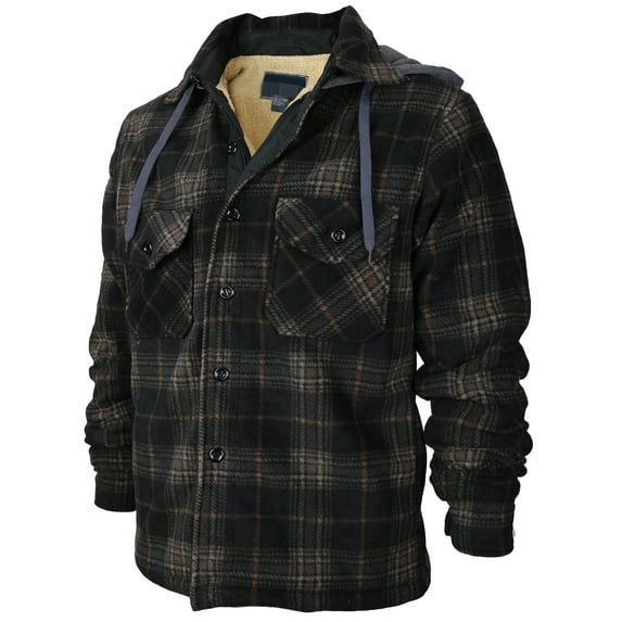 Men's Heavyweight Flannel Zip Up Fleece Lined Plaid Sherpa Hoodie Jacket (#807 Brown Black, 2XL)