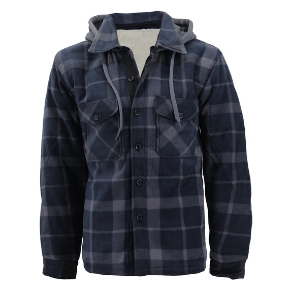 Men's Heavyweight Flannel Zip Up Fleece Lined Plaid Sherpa Hoodie Jacket (#902 D.Blue/D.Grey, L)