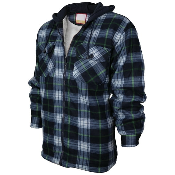 Men's Heavyweight Flannel Zip Up Fleece Lined Plaid Sherpa Hoodie Jacket (E04 - Navy White, XL)