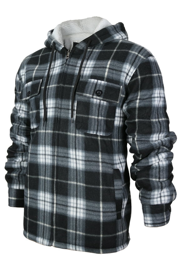 Men's Heavyweight Flannel Zip Up Fleece Lined Plaid Sherpa Hoodie Jacket (MFJ130 - Black, M)