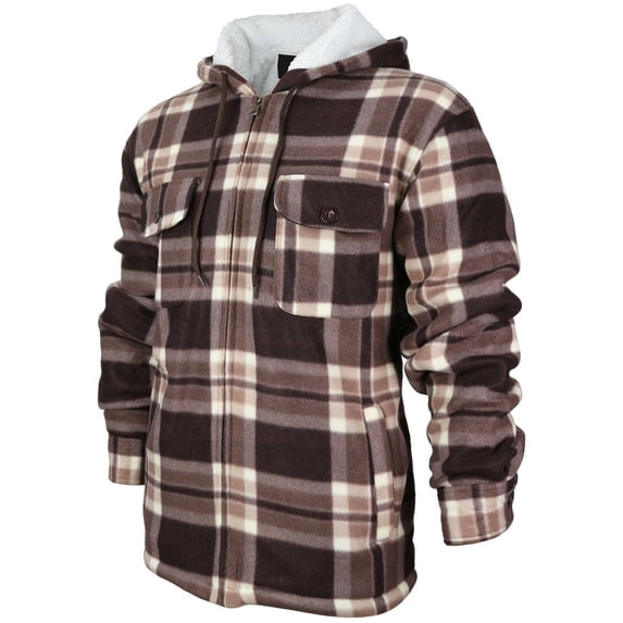 Men's Heavyweight Flannel Zip Up Fleece Lined Plaid Sherpa Hoodie Jacket (MFJ130 - Brown, 3XL)